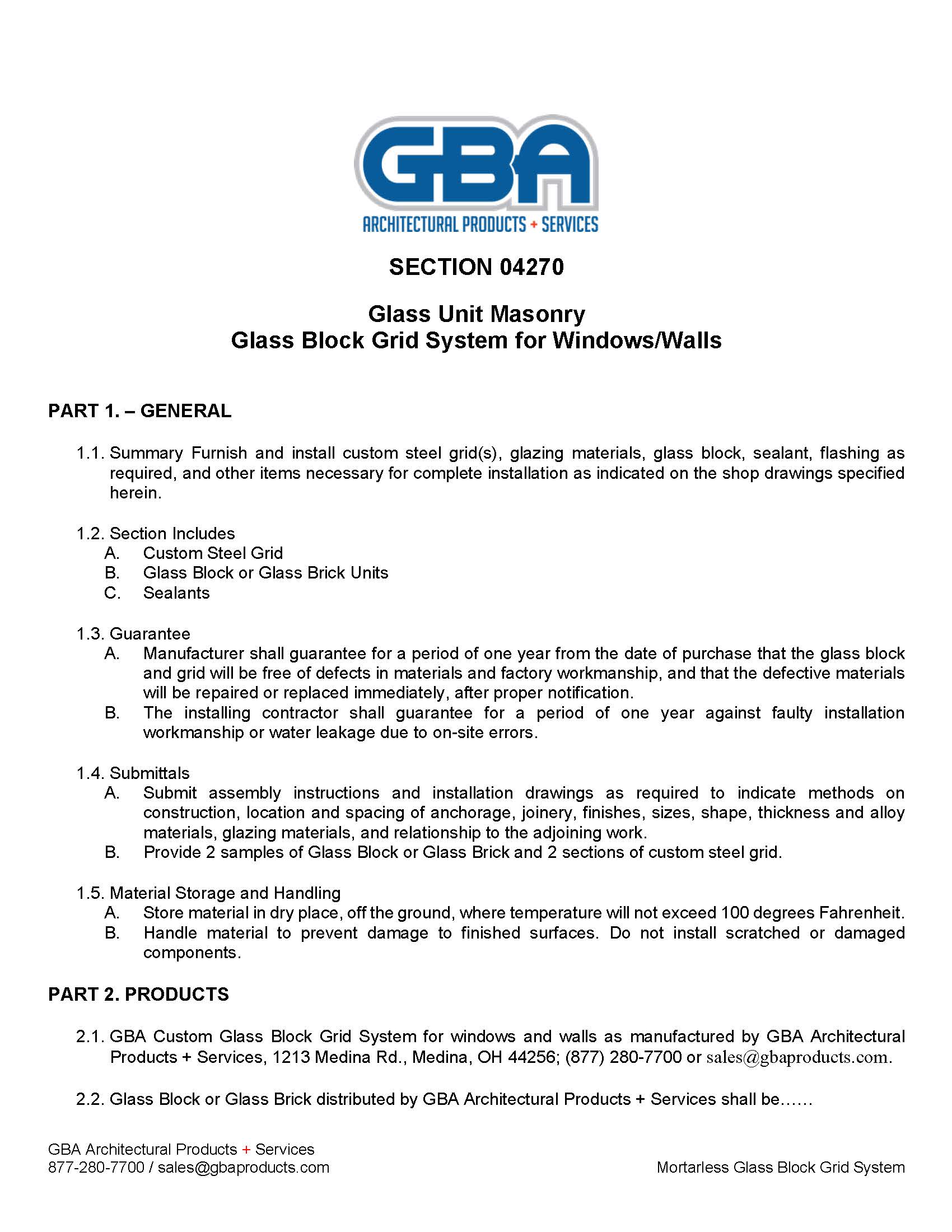 Mortarless Glass Block Grid System Spec